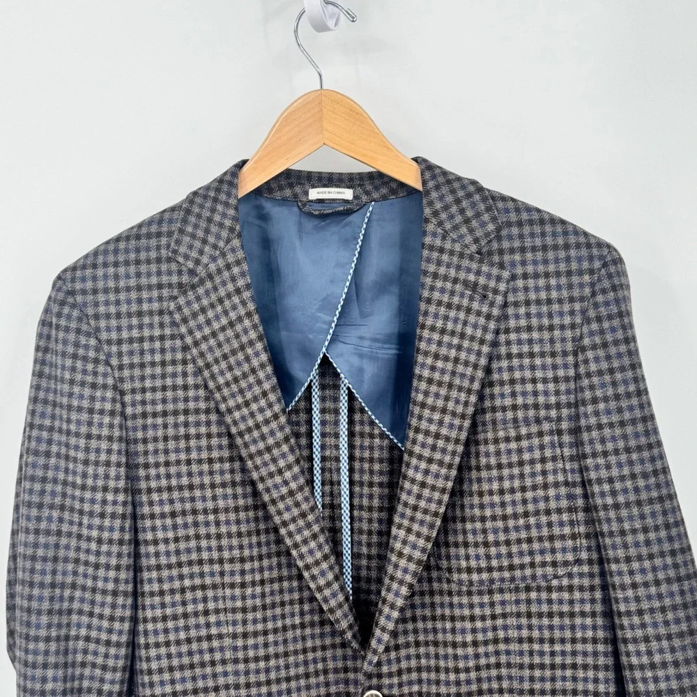 Peter Millar Mens Medium Blazer Brown Blue Plaid 100 Wool Classic Fit Two Button